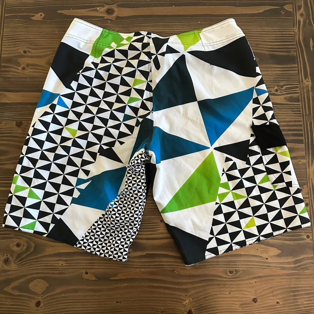 Men’s Tony Hawk Geometric Board Shorts L 36 White Black Swim Trunks